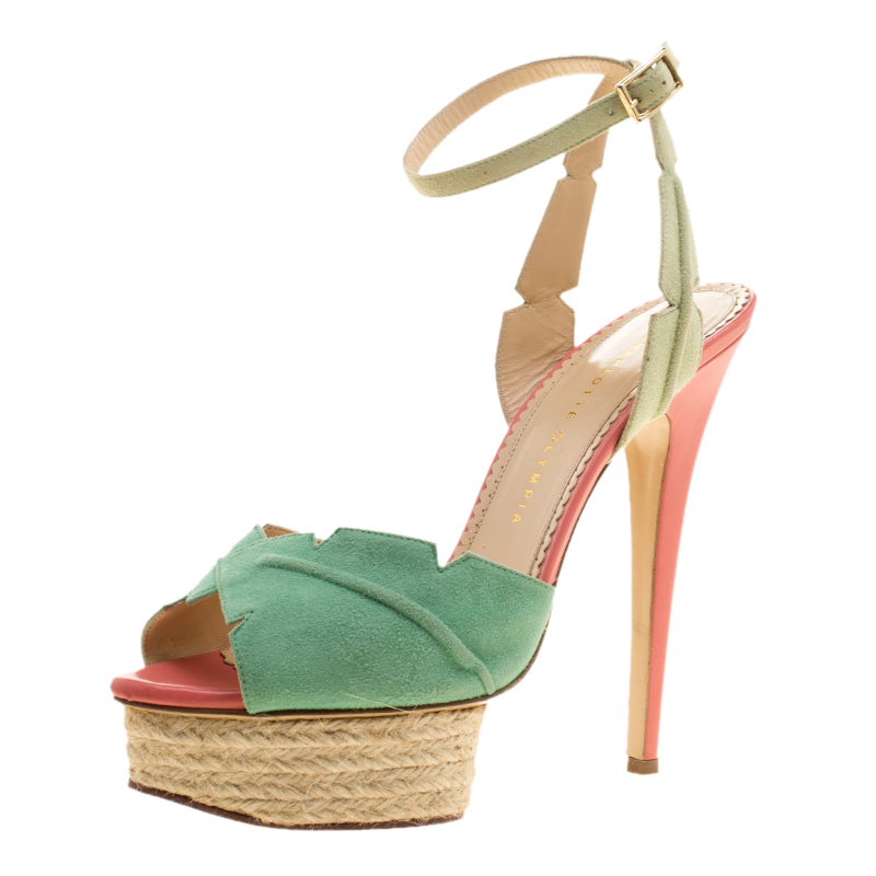 Charlotte Olympia Green Suede Isla Leaf Espadrille Platform Sandals Size 40