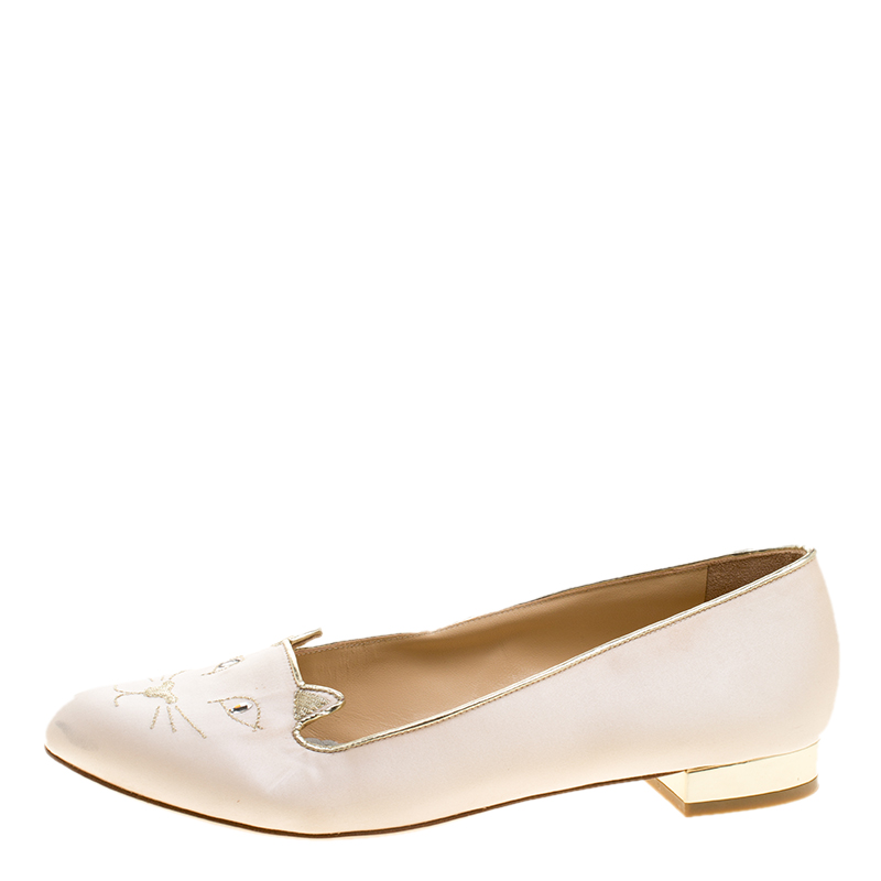 

Charlotte Olympia Pale Pink Kitty Embroidered Satin Flats Size