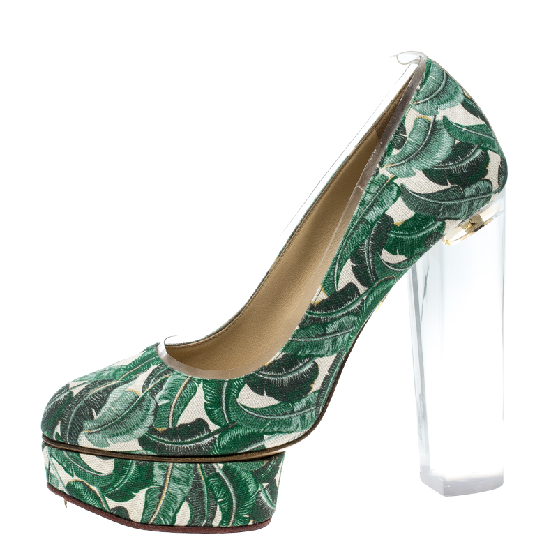 

Charlotte Olympia Green Leaves Printed Canvas and PVC Mabel Platform Pumps Size