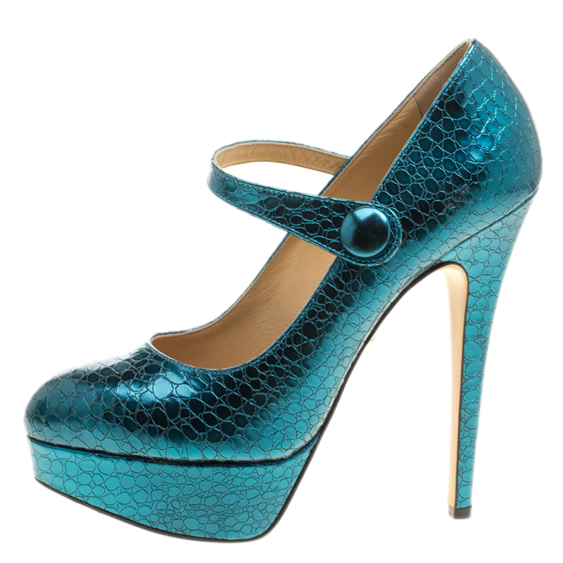 

Charlotte Olympia Metallic Blue Croc Embossed Leather Page Mary Jane Platform Pumps Size