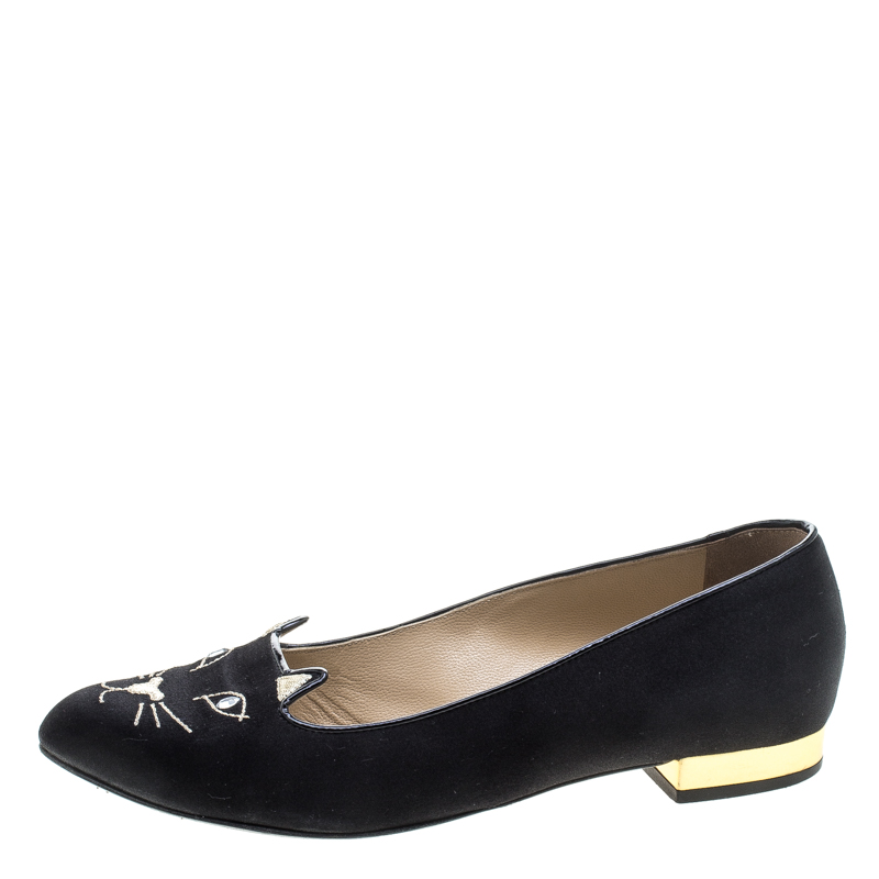 

Charlotte Olympia Black Satin Kitty Ballet Flats Size