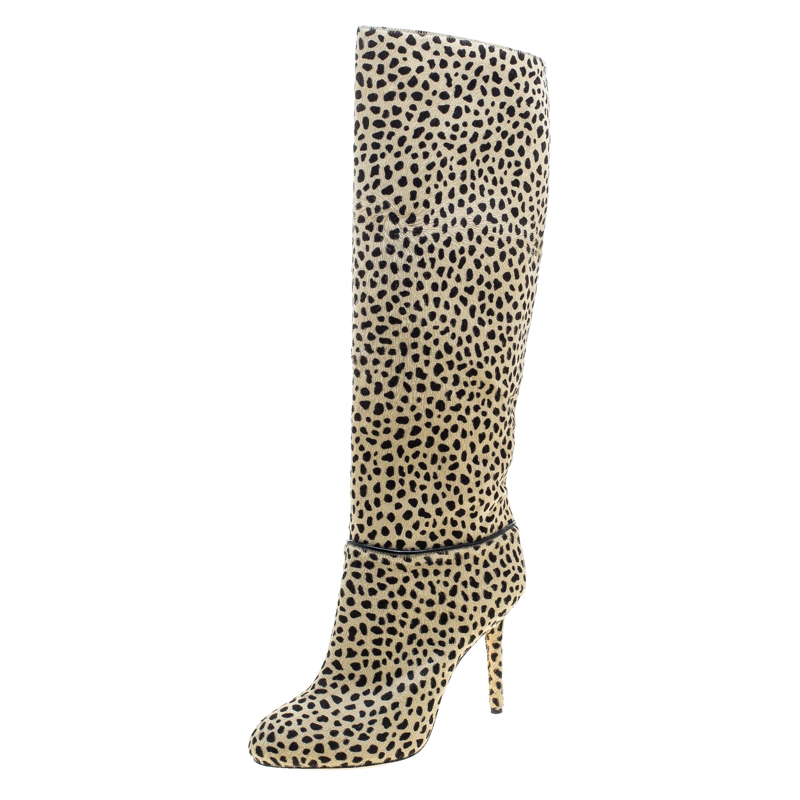 Pre Owned Charlotte Olympia Beige Leopard Print Pony Hair Corine Knee High Boots Size 36