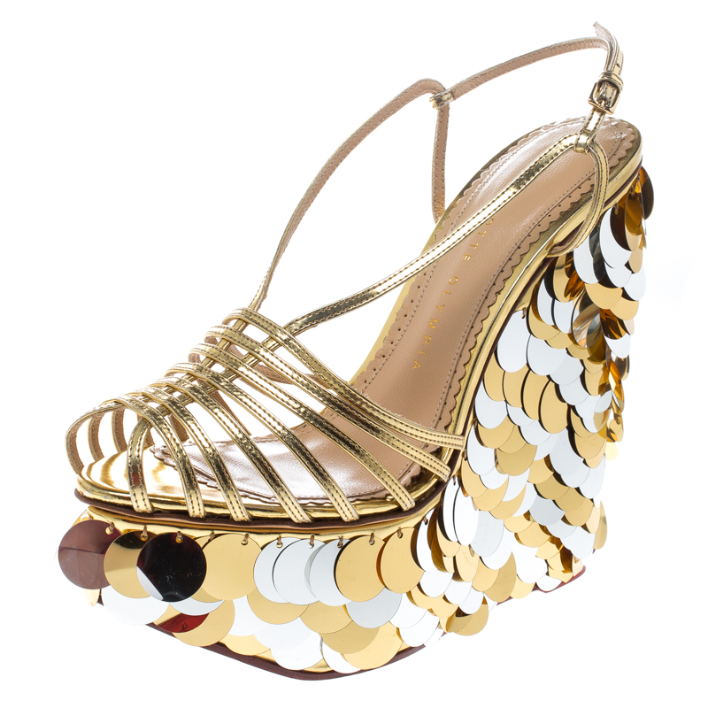 Charlotte Olympia Metallic Gold Leather Poseidon Disc Embellished Wedge Platform Sandals Size 37