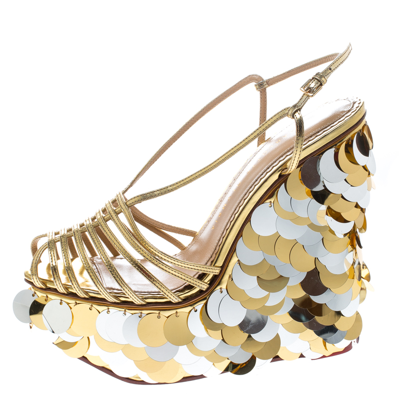 

Charlotte Olympia Metallic Gold Leather Poseidon Disc Embellished Wedge Platform Sandals Size