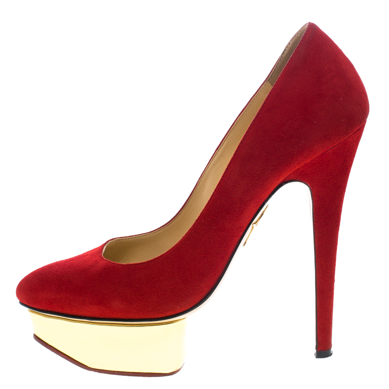

Charlotte Olympia Red Suede Dolly Platform Pumps Size