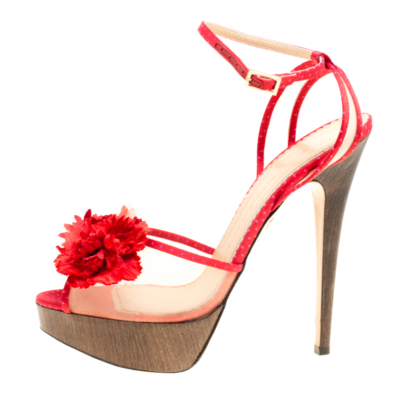 

Charlotte Olympia Red Satin and Mesh Pomeline Flower Embellished Peep Toe Platform Sandals Size