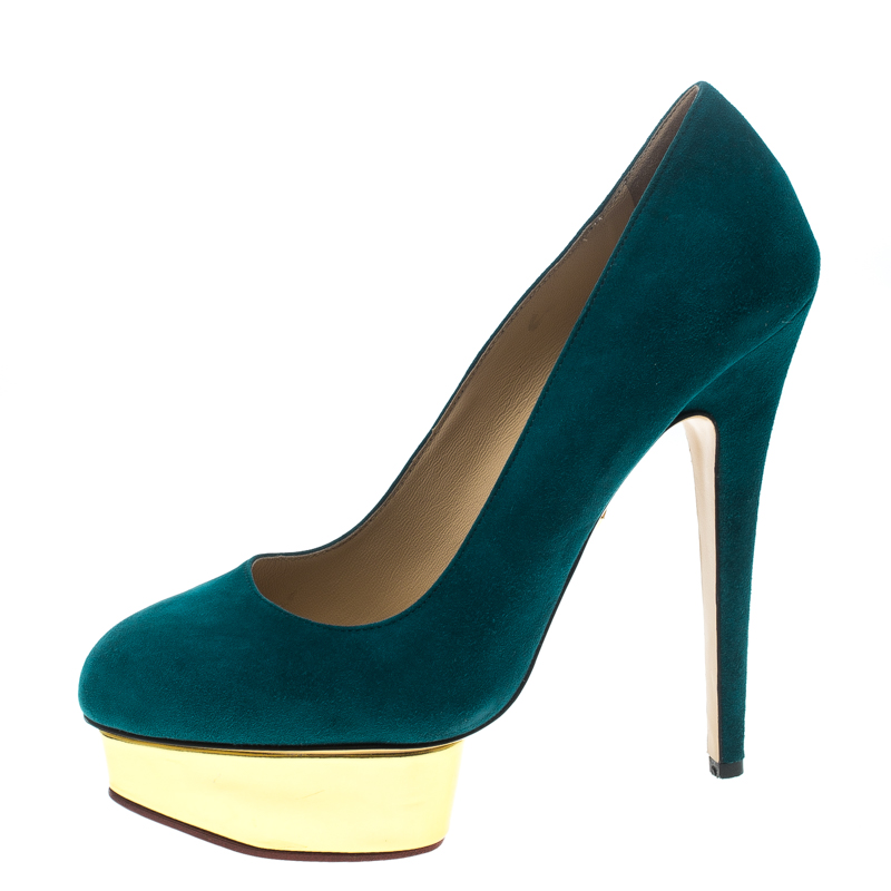 

Charlotte Olympia Teal Blue Suede Dolly Platform Pumps Size