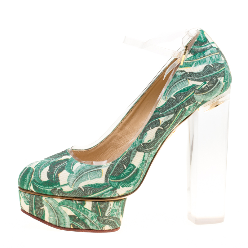 

Charlotte Olympia Green Leaves Printed Canvas and PVC Mabel Platform Pumps Size