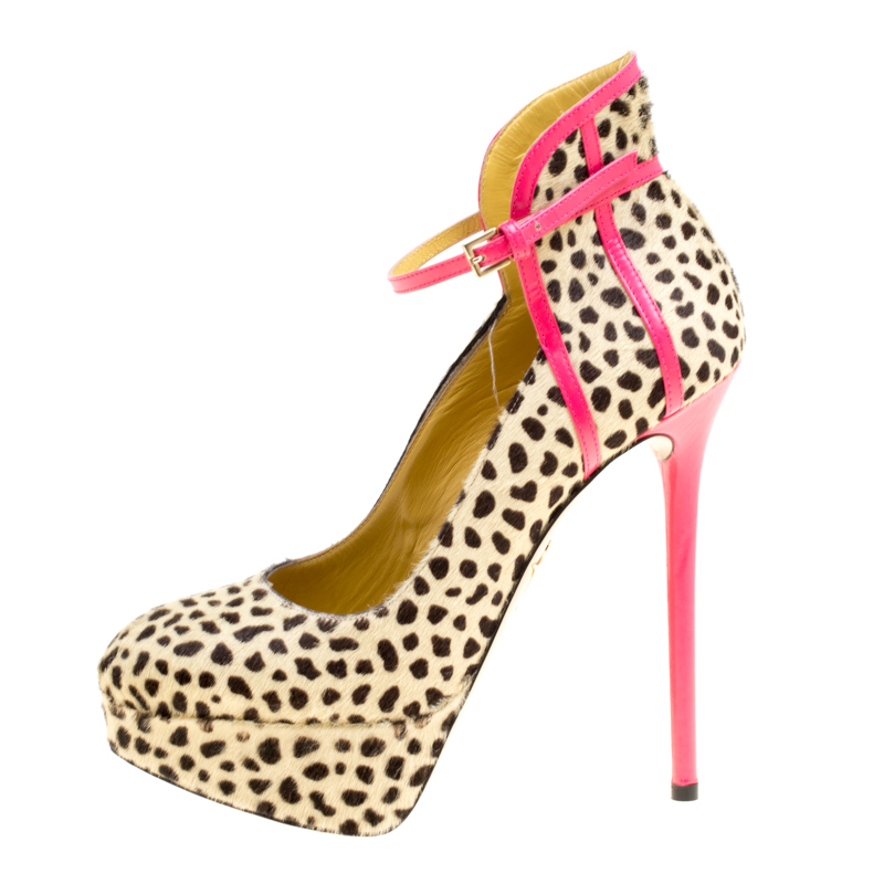 

Charlotte Olympia Leopard Pony Hair Lucille Ankle Strap Platform Pumps Size, Beige