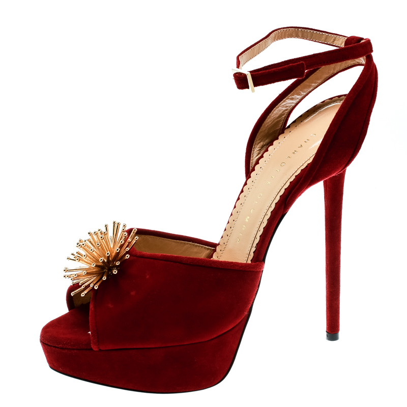 Charlotte Olympia Red Suede Orbital Pomeline Peep Toe Ankle Strap Sandals Size 39