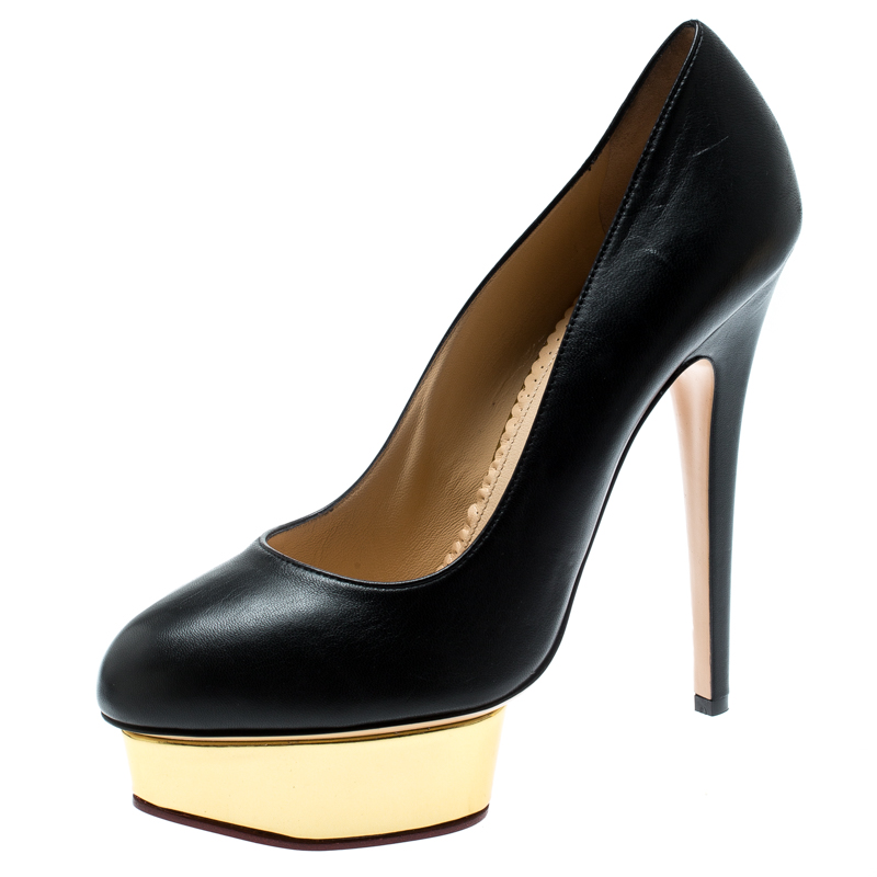 Charlotte Olympia Black Leather Dolly Platform Pumps Size