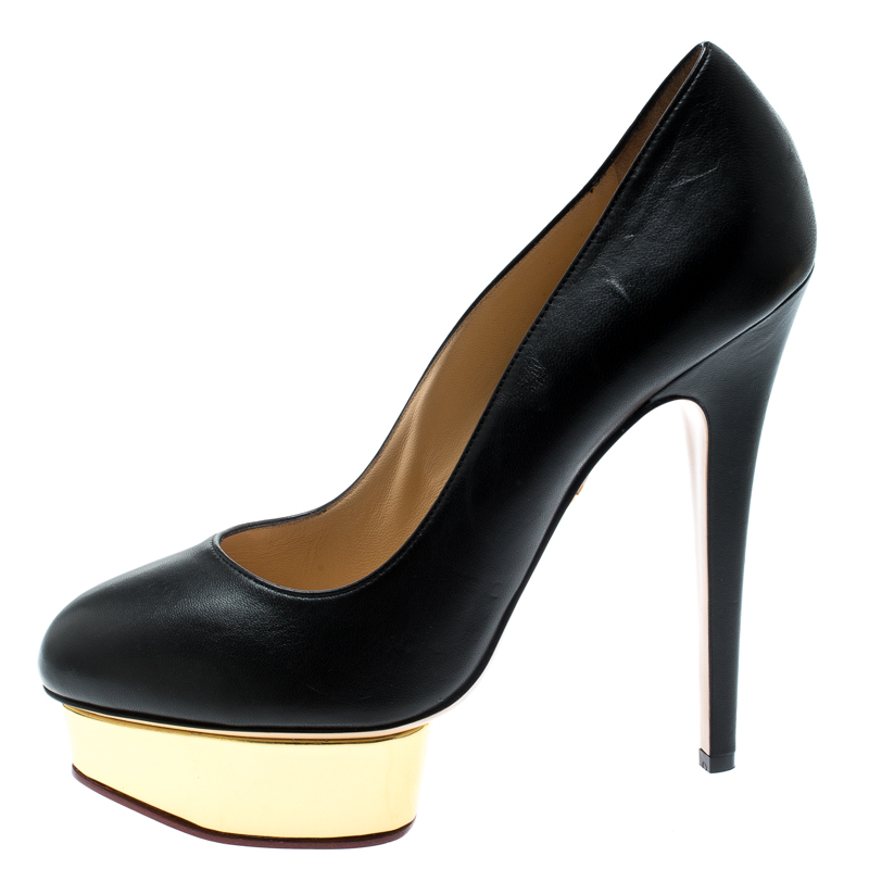 

Charlotte Olympia Black Leather Dolly Platform Pumps Size