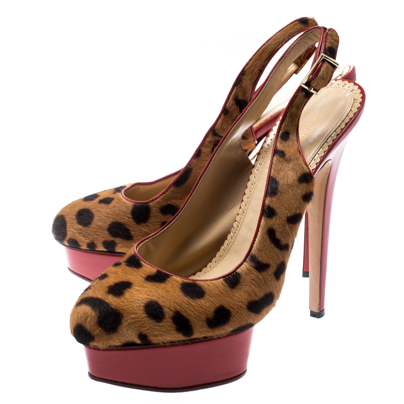Pre-owned Charlotte Olympia Brown Leopard Pony Hair Slingback Platform Sandals Size 40