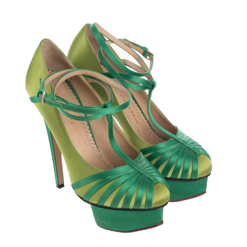 

Charlotte Olympia Green Satin Canvas Platform Heel Sandals