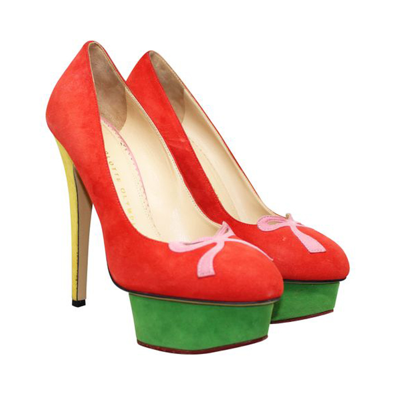 

Charlotte Olympia Multicolor Suede Arabella Platform Pumps Size