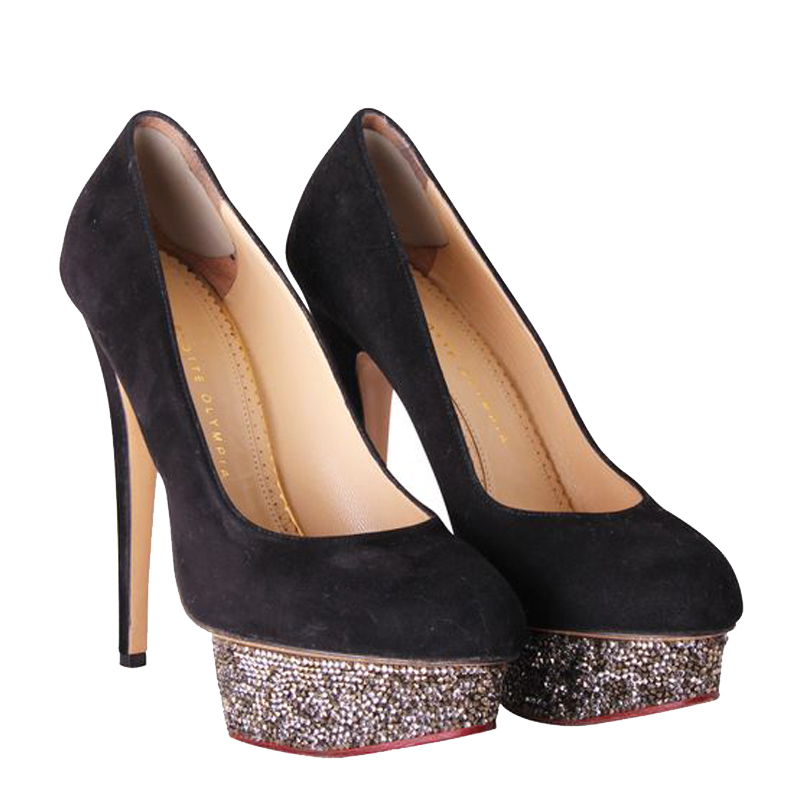 

Charlotte Olympia Black Suede Platform Sequins Pumps Size, Gold