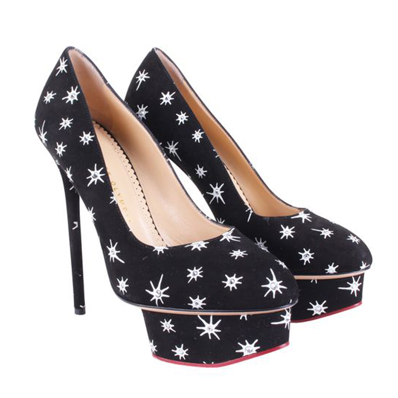 

Charlotte Olympia Black Josie Crystal Cactus Print Suede Platform Pumps Size