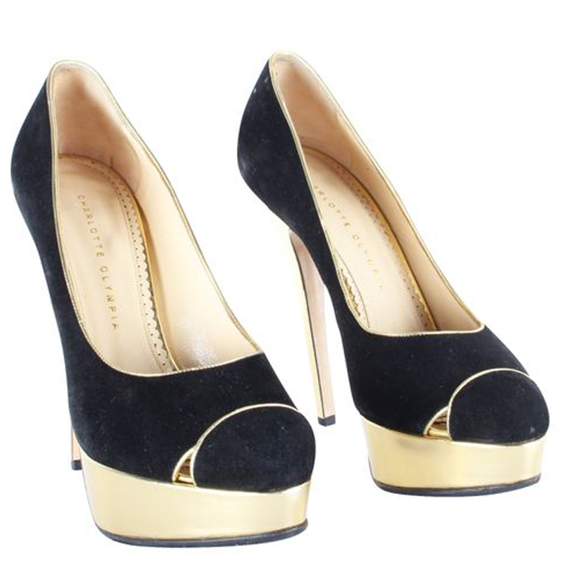 

Charlotte Olympia Black/Gold Leather Platform Pumps Size