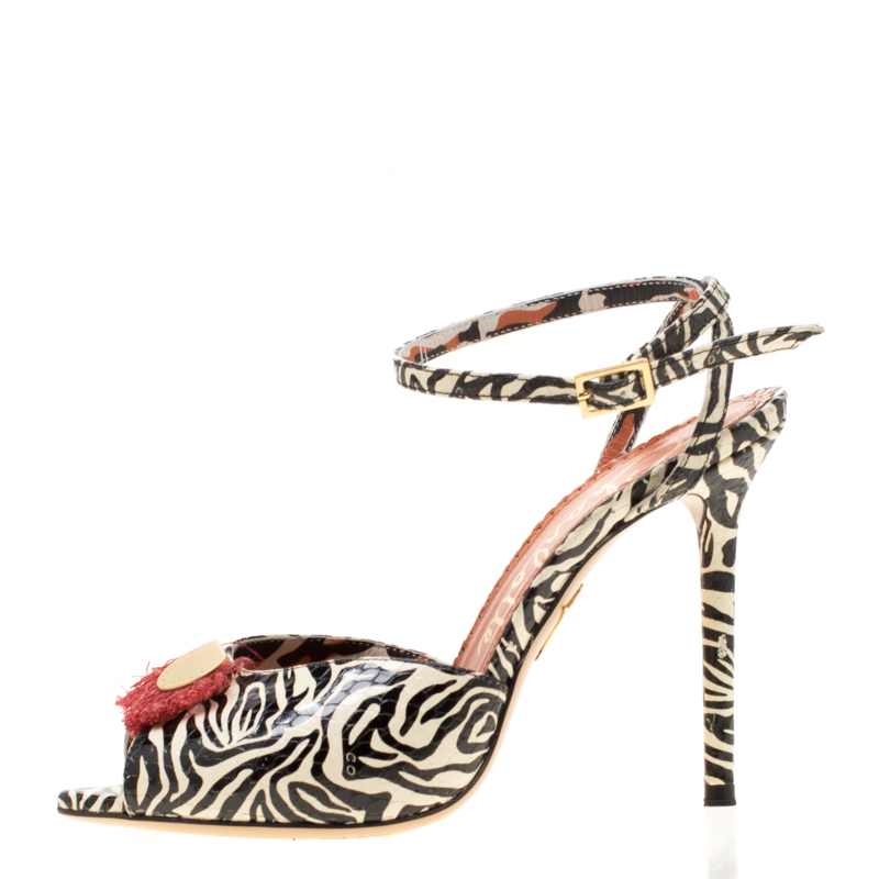 

Charlotte Olympia Monochrome Zebra Print Python Embossed Leather Ankle Strap Sandals Size, White