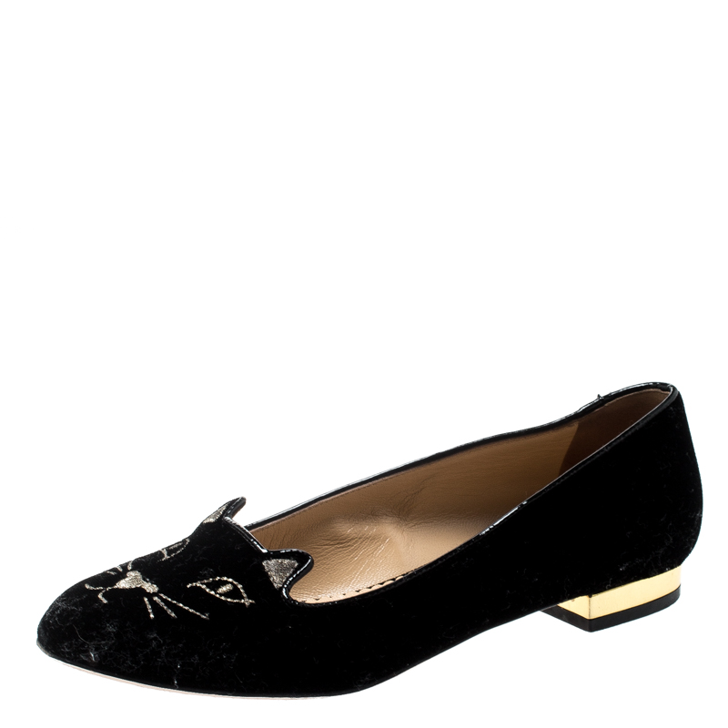 Charlotte Olympia Black Velvet Kitty Smoking Slippers Size 36.5