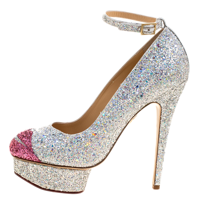 

Charlotte Olympia Silver Coarse Glitter Kiss Me Dolores! Ankle Strap Platform Pumps Size