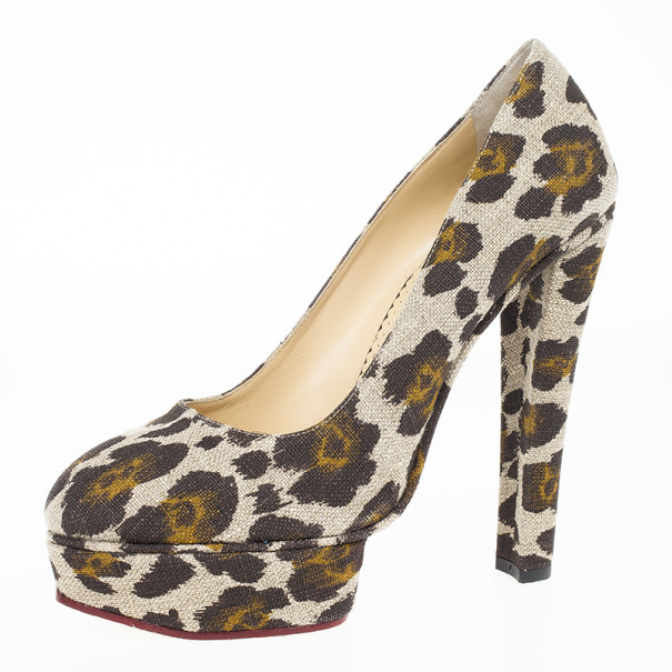Pre Owned Charlotte Olympia Greta Leopard Print Canvas Platform Pumps Size 41