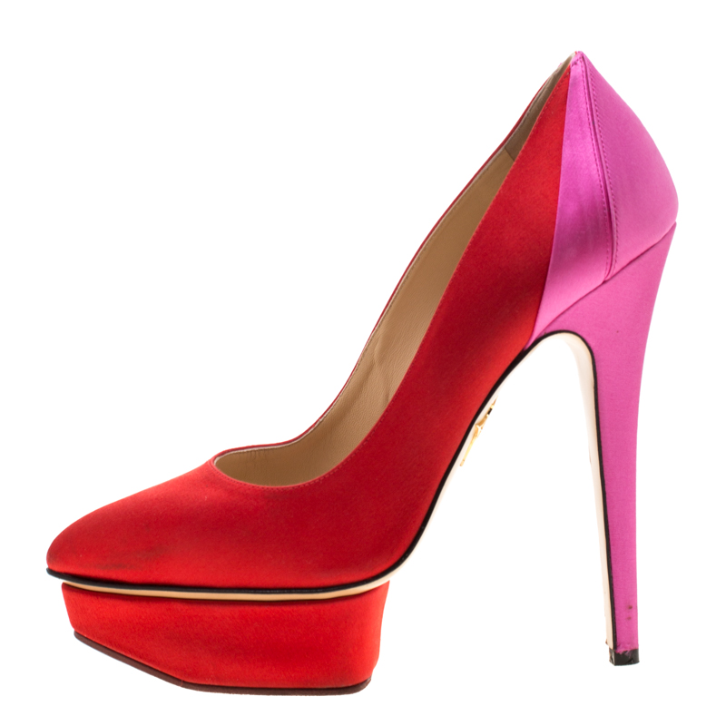 

Charlotte Olympia Red/Pink Satin Masako Platform Pumps Size