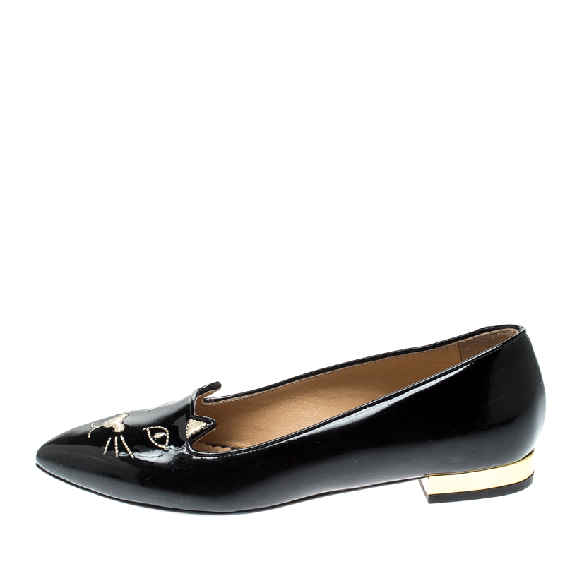 

Charlotte Olympia Black Patent Leather Mid Century Kitty Ballet Flats Size