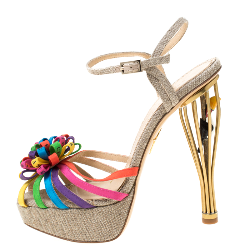 

Charlotte Olympia Multicolor Satin And Jute Birds of Paradise Strappy Platform Sandals Size
