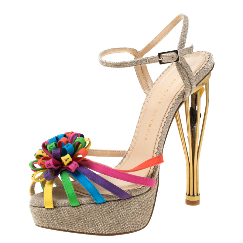 مملوكة مسبقًا Charlotte Olympia Multicolor Satin And Jute Birds of Paradise Strappy Platform Sandals Size 38