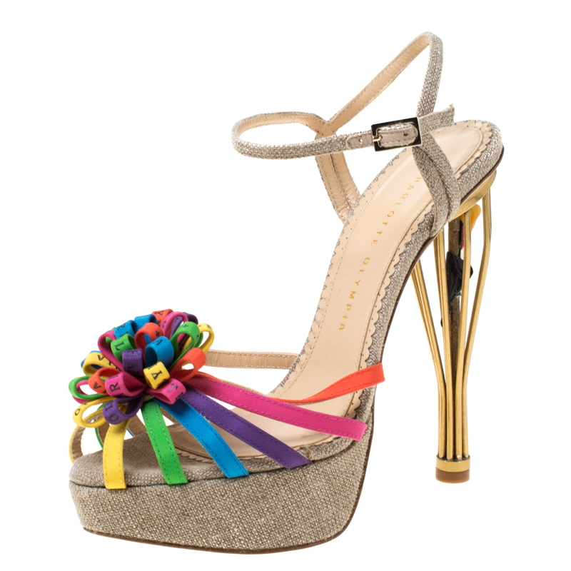 Charlotte Olympia Multicolor Satin And Jute Birds of Paradise Strappy Platform Sandals Size 38