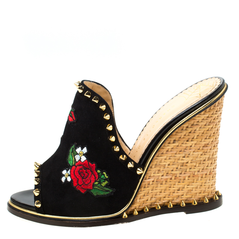 

Charlotte Olympia Black Suede Gail Floral Embroidered Open Toe Wedge Sandals Size