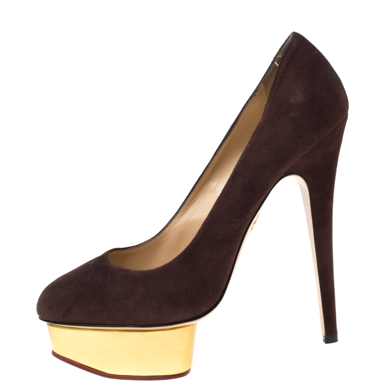 

Charlotte Olympia Dark Brown Suede Dolly Platform Pumps Size