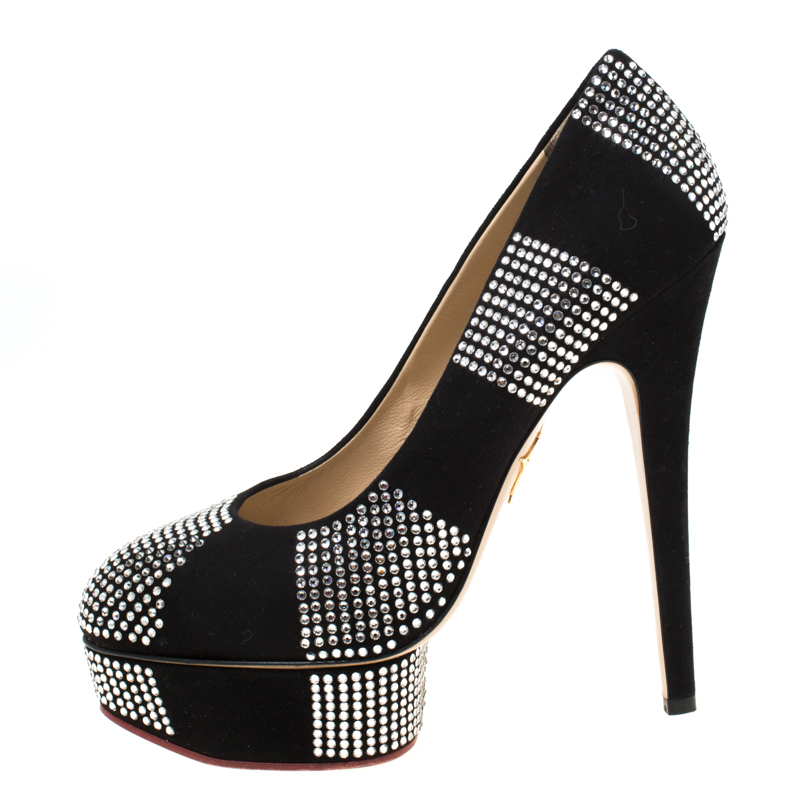 

Charlotte Olympia Black Suede Paparazzi Crystal Embellished Platform Pumps Size