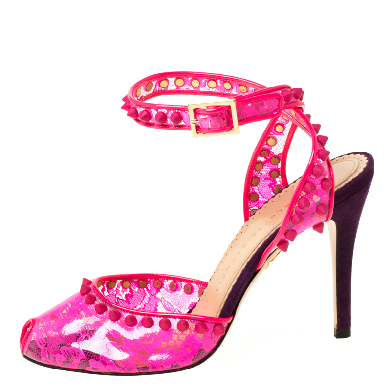 

Charlotte Olympia Neon Pink Lace Print PVC Soho Studded Ankle Strap Sandals Size