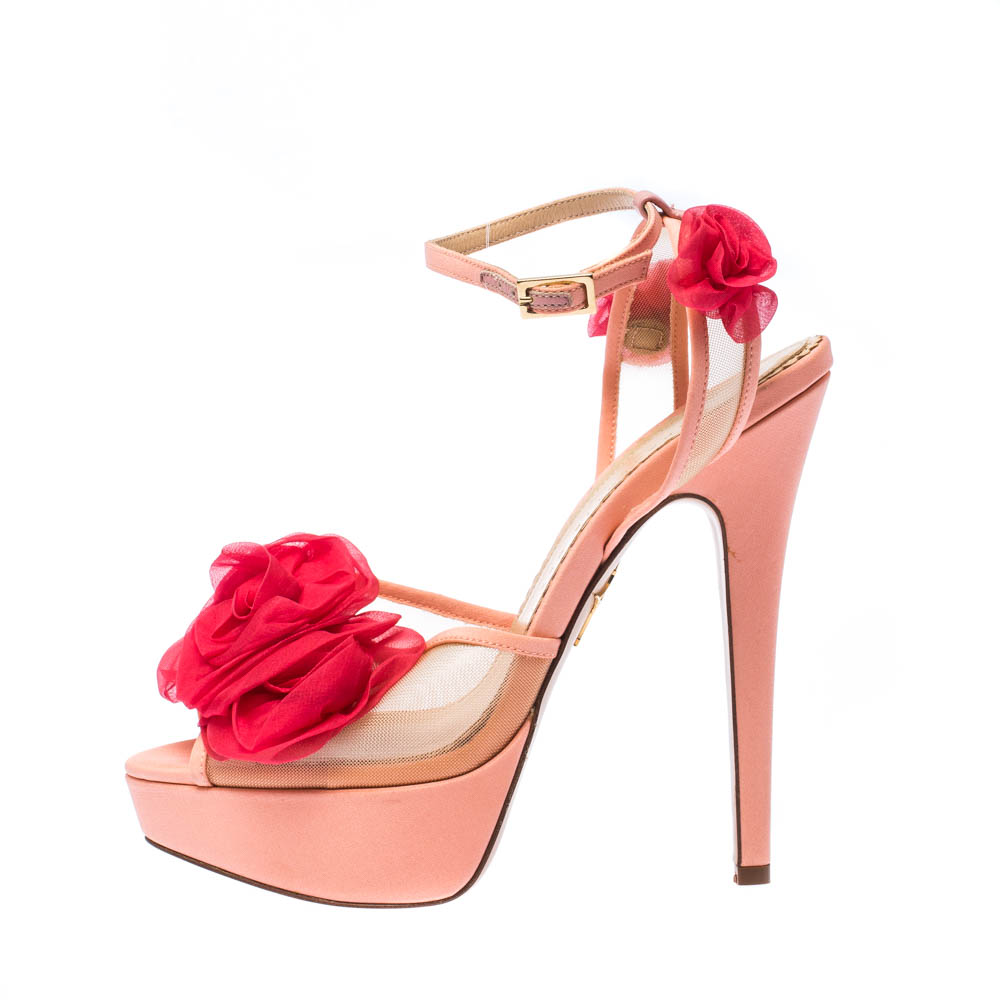 

Charlotte Olympia Peach/Pink Satin and Mesh Pomeline Rose Peep Toe Platform Sandals Size