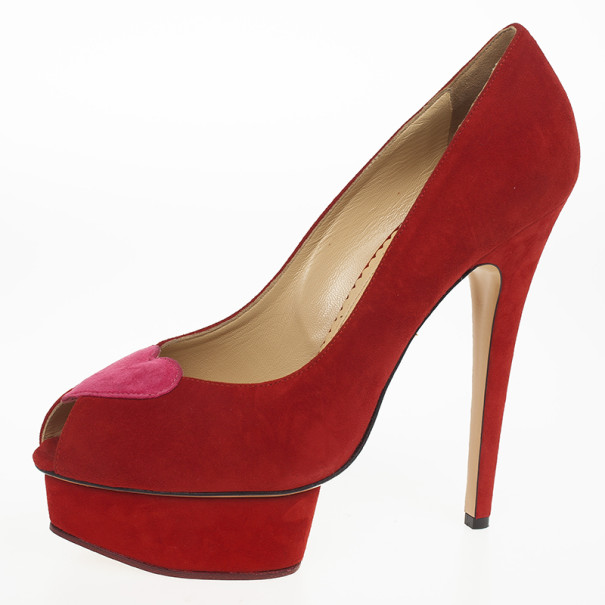 Pre Owned Charlotte Olympia Red Suede Delphine Heart Detail Platform Pumps Size 40