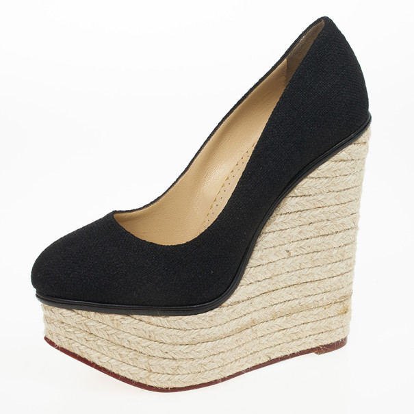 Pre Owned Charlotte Olympia Carmen Black Canvas Espadrilles Wedge Pumps Size 36