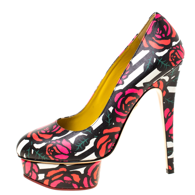 

Charlotte Olympia Multicolor Rose Print Leather Dolly Platform Pumps Size