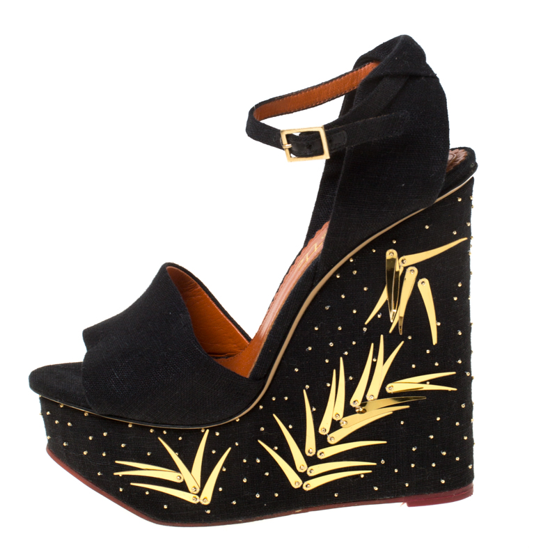 

Charlotte Olympia Black Canvas Embellished Wedge Platform Ankle Strap Sandals Size