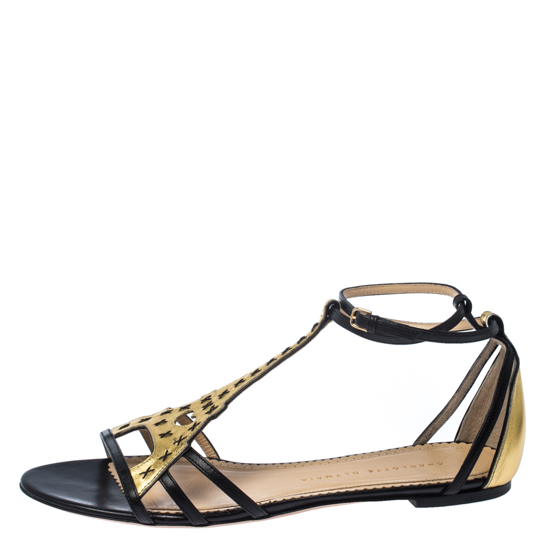 

Charlotte Olympia Black/Gold Leather Parisienne Eiffel Tower Flat Sandals Size