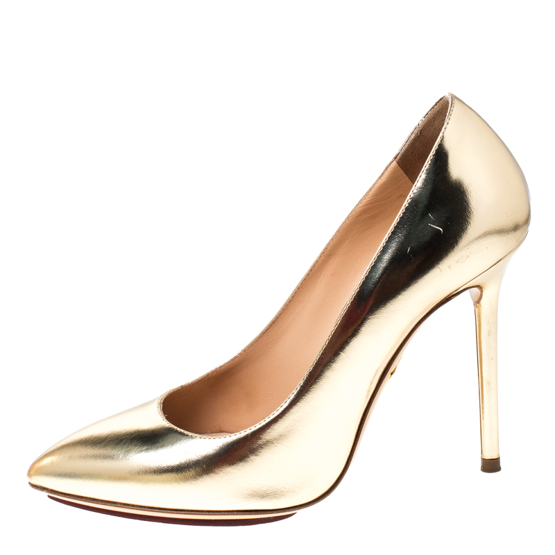 

Charlotte Olympia Gold Patent Leather Monroe Pointed Toe Pumps Size