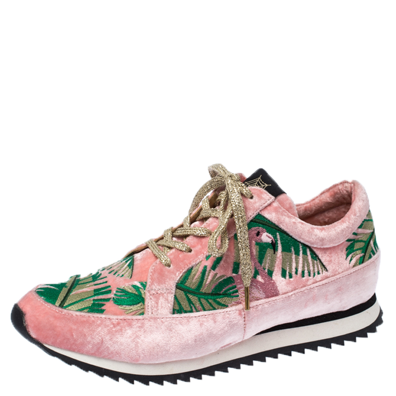 

Charlotte Olympia Pink/Green Flamingo Velvet Work It Sneakers Size