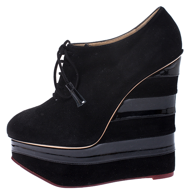 

Charlotte Olympia Black Suede and Patent Leather Martha Wedge Derby Size