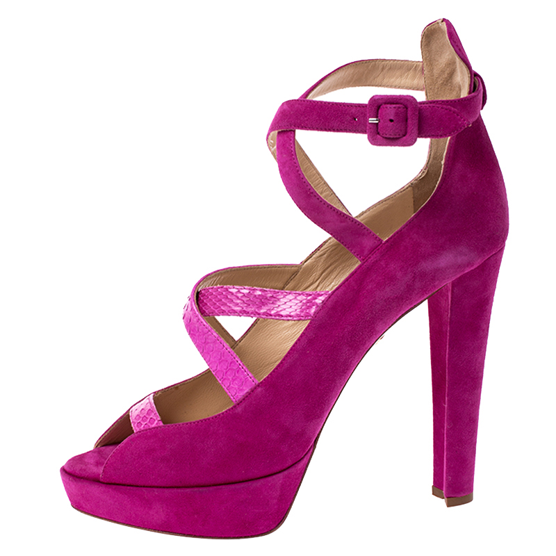 

Charlotte Olympia Pink Caged Suede and Snakeskin Trim Gladys Platform Sandals Size