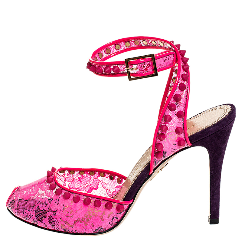 

Charlotte Olympia Neon Pink Lace Print PVC Soho Studded Ankle Strap Sandals Size