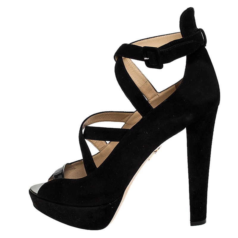 

Charlotte Olympia Black Caged Suede and Patent Leather Gladys Platform Sandals Size