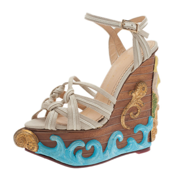 Pre Owned Charlotte Olympia Beige Canvas Maiden Voyage Wedge Sandals Size 37