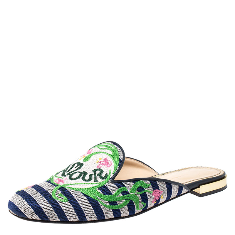 مملوكة مسبقًا Charlotte Olympia Canvas Multicolor Amour Flat Mules Size 39