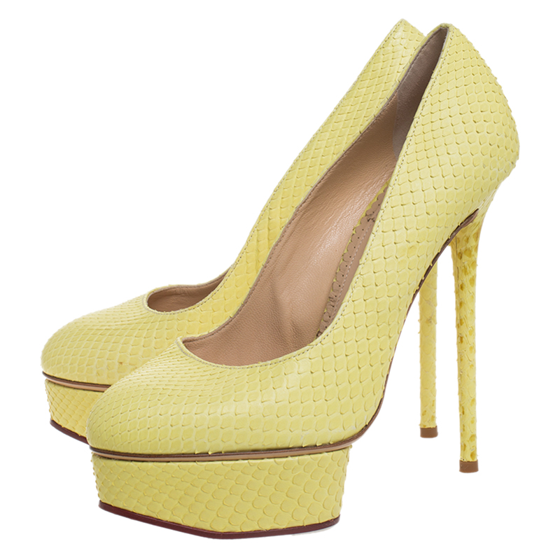 Pre-owned Charlotte Olympia Yellow Python Priscilla Platform Pumps Size 38